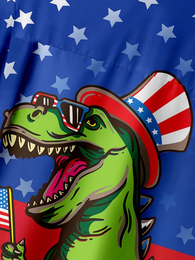 4th of July Dinosaur Chest Pocket Short Sleeve Casual Shirt