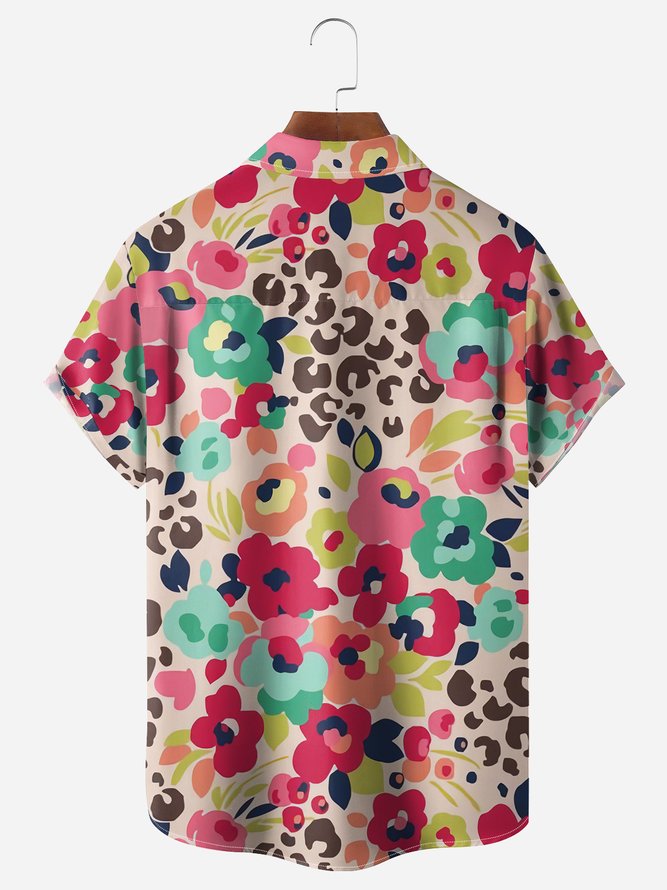 Leopard and Flower Chest Pocket Short Sleeve Hawaiian Shirt