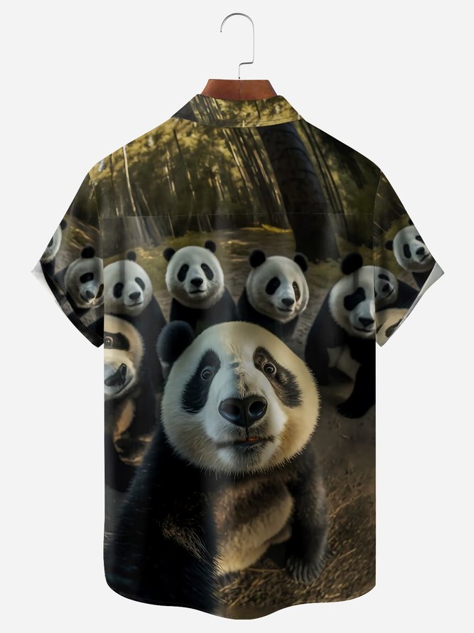 Panda Selfie Chest Pocket Short Sleeve Casual Shirt