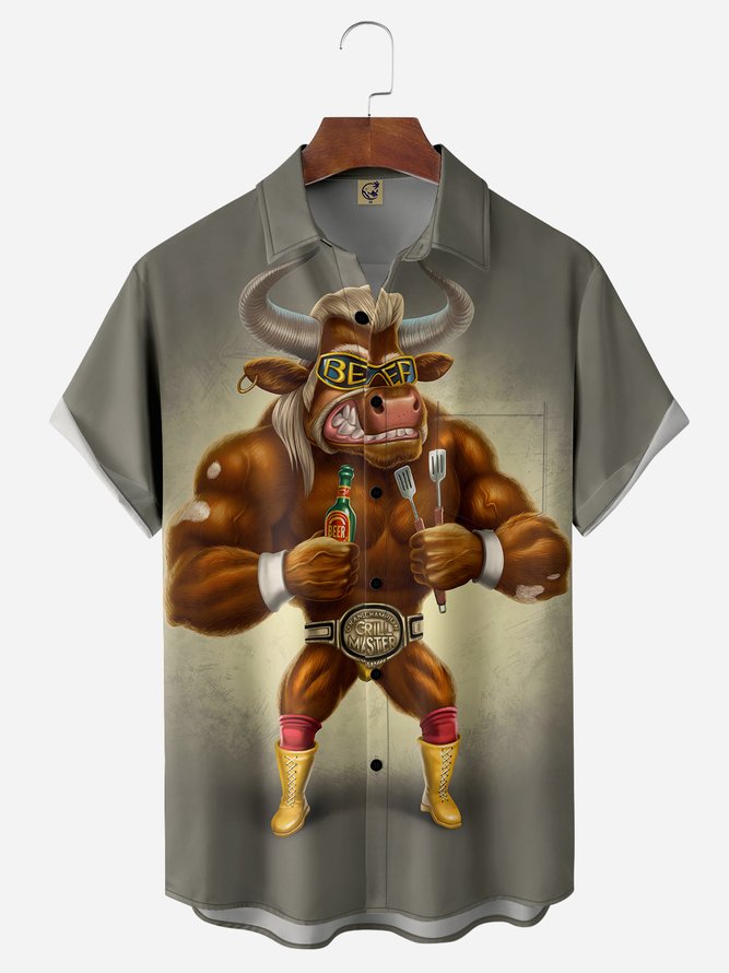 Kung Fu Cattle Chest Pocket Short Sleeve Casual Shirt