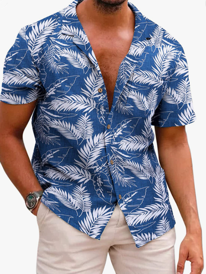 Men's Plain Cotton Linen Palm Leaf Loose Short Sleeve Shirt