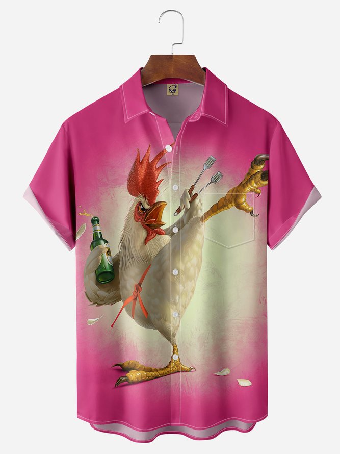 Kung fu Rooster Chest Pocket Short Sleeve Casual Shirt