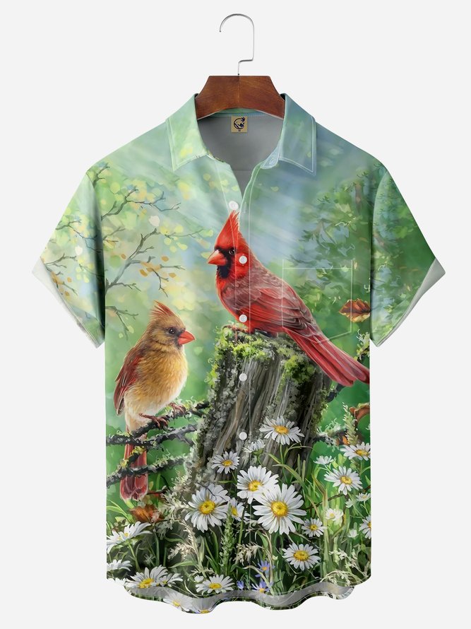 Cardinalis Bird Chest Pocket Short Sleeve Hawaiian Shirt