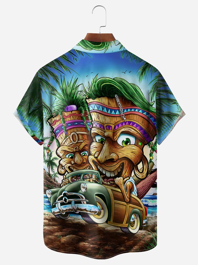 Tiki Car Chest Pocket Short Sleeve Hawaiian Shirt