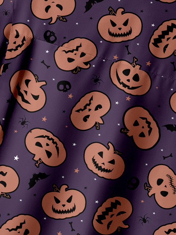 Halloween Pumpkin Dinosaur Chest Pocket Short Sleeve Shirt