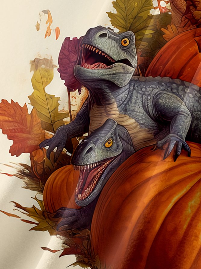Halloween Dinosaur Pumpkin Maple Leaf Short Sleeve Shirt