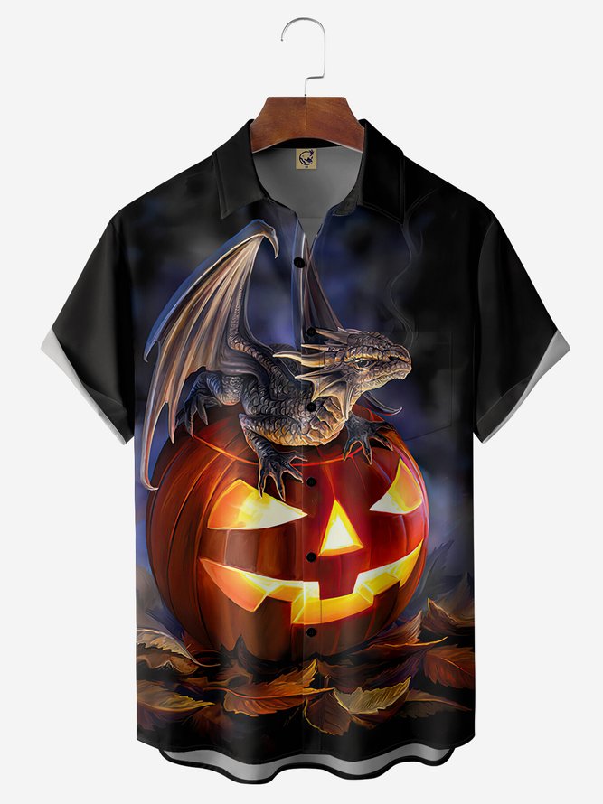 Halloween Dragon Chest Pocket Short Sleeve Casual Shirt