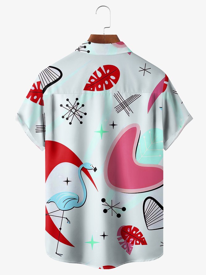 Mid Century Flamingo Chest Pocket Short Sleeve Hawaiian Shirt