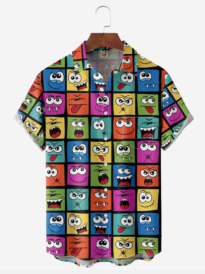 Cartoon Expression Chest Pocket Short Sleeve Casual Shirt