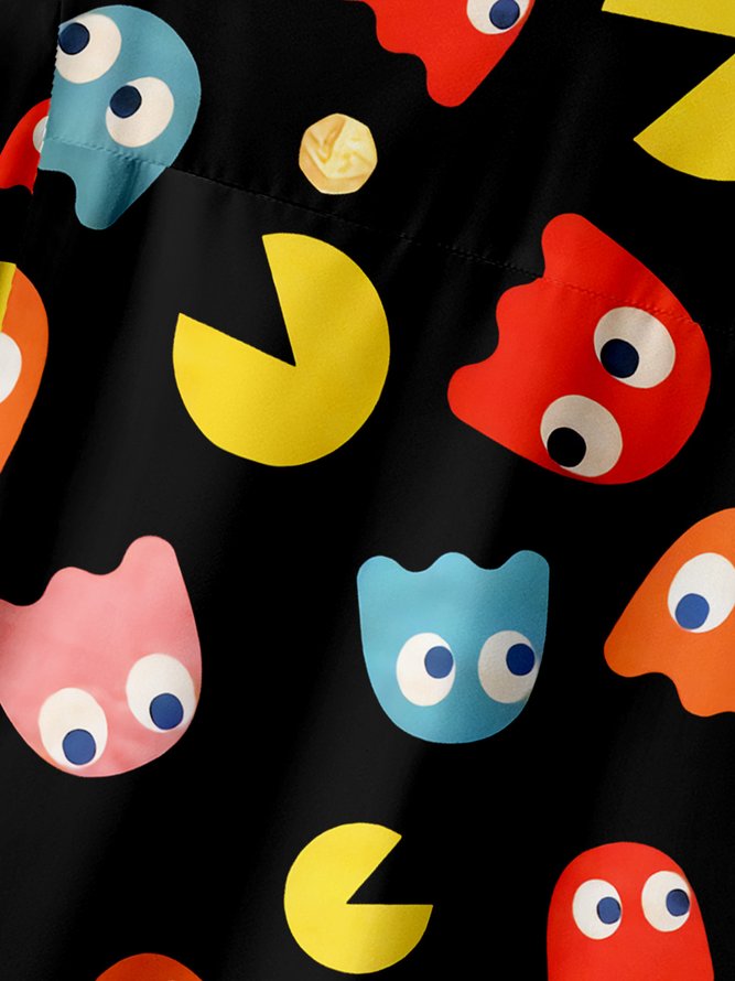 Cartoon Pattern Chest Pocket Short Sleeve Casual Shirt