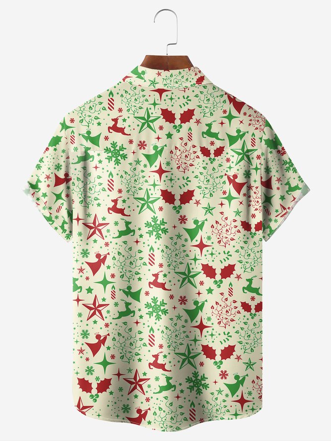 Christmas Dinosaur Chest Pocket Short Sleeve Casual Shirt