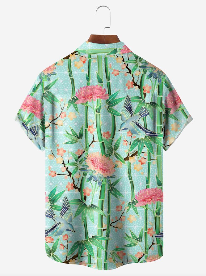 Bamboo Birds and Blossom Chest Pocket Short Sleeve Casual Shirt