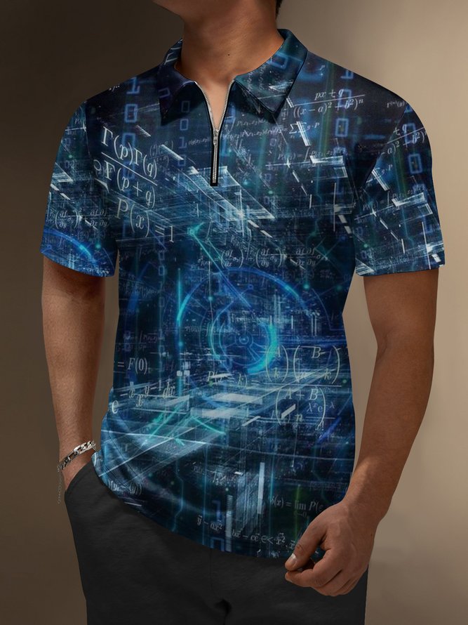 3D Sci Fi Number Code Zipper Short Sleeves Casual Polo Shirt