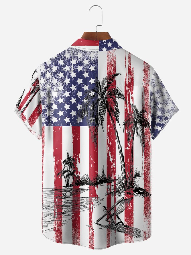 Flag Coconut Tree Chest Pocket Short Sleeve Casual Shirt