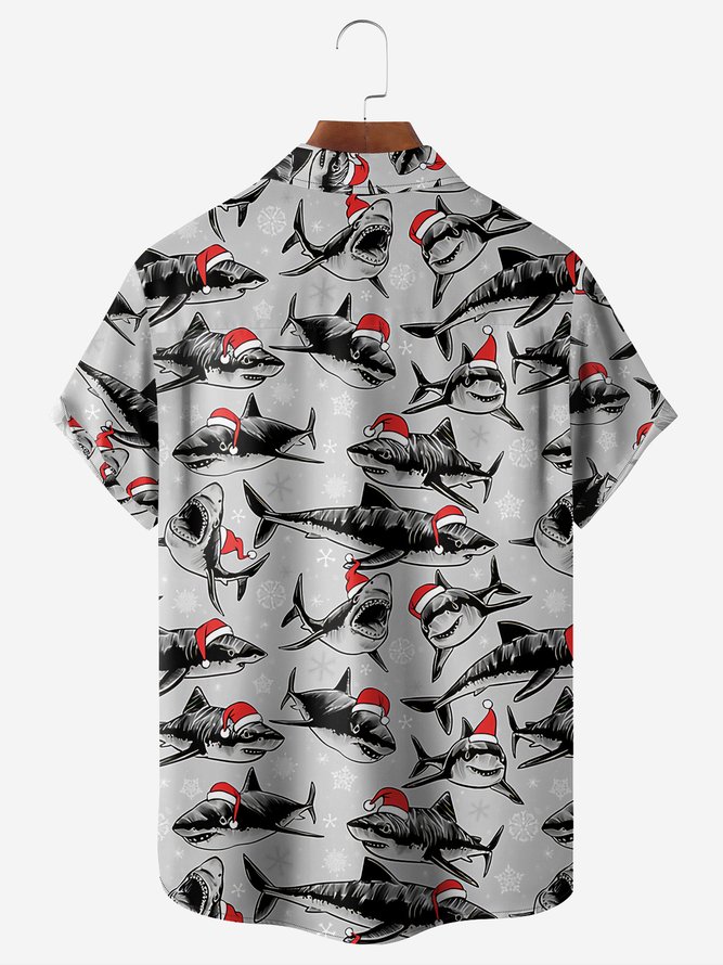 Christmas Shark Chest Pocket Short Sleeve Shirt