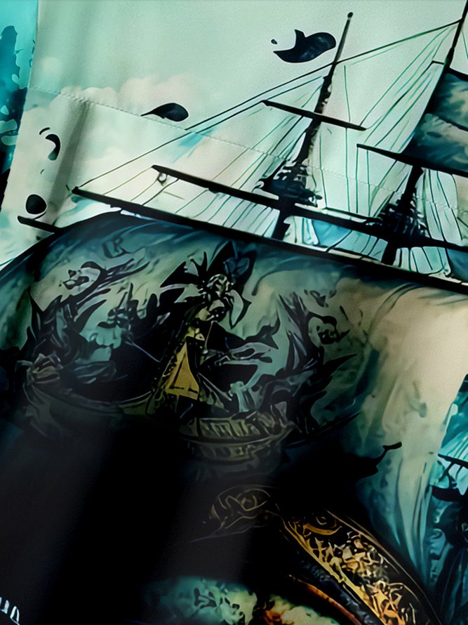 Skull Pirate Ship Chest Pocket Short Sleeve Hawaiian Shirt