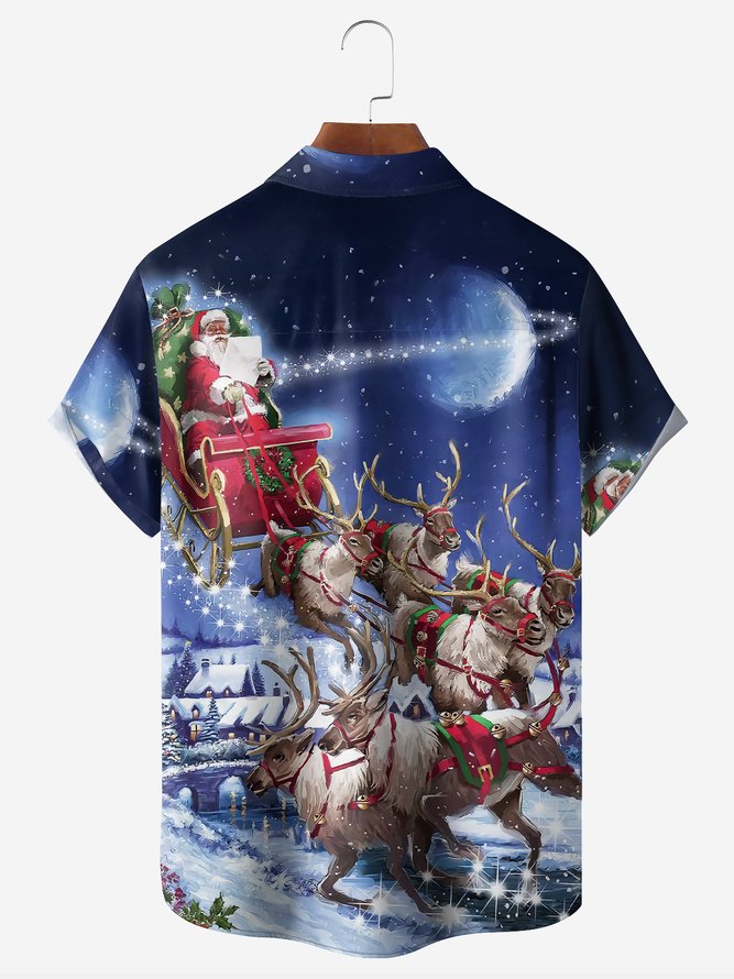 Christmas Santa Claus Reindeer Chest Pocket Short Sleeve Shirt