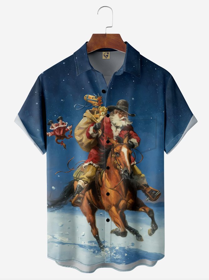 Christmas Cowboy Santa Claus Chest Pocket Short Sleeve Shirt