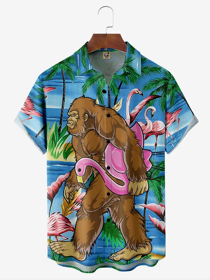 Bigfoot Flamingo Chest Pocket Short Sleeve Hawaiian Shirt