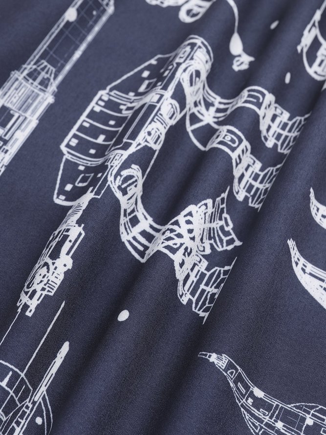 Big Size Universe Space Shuttle Chest Pocket Short Sleeve Casual Shirt