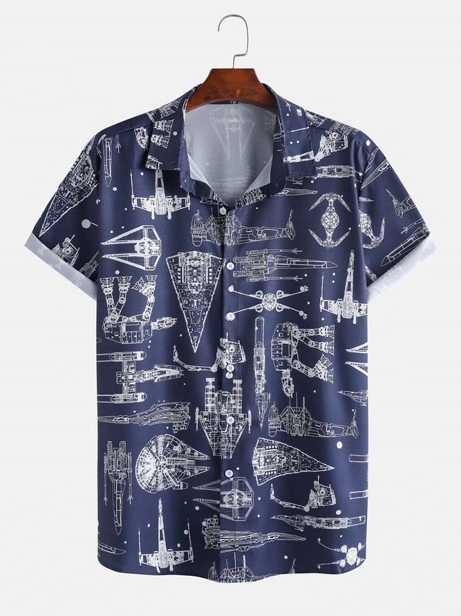Big Size Universe Space Shuttle Chest Pocket Short Sleeve Casual Shirt