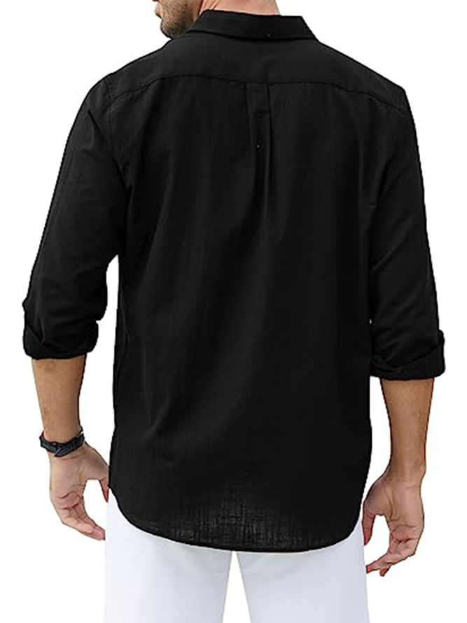 Cotton Plain Flap Pockets Long Sleeve Casual Shirt