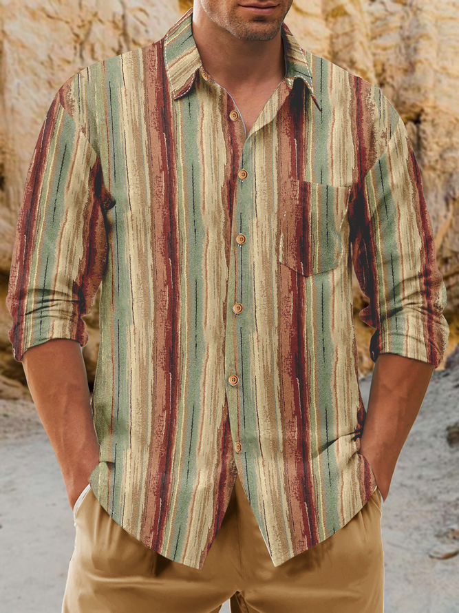 Striped Chest Pocket Long Sleeve Casual Shirt