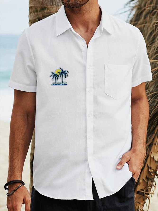 Cotton Coconut Tree Embroidery Short Sleeve Casual Shirt
