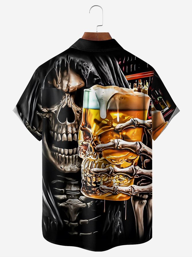 Skeleton Drinking Beer Chest Pocket Short Sleeve Casual Shirt