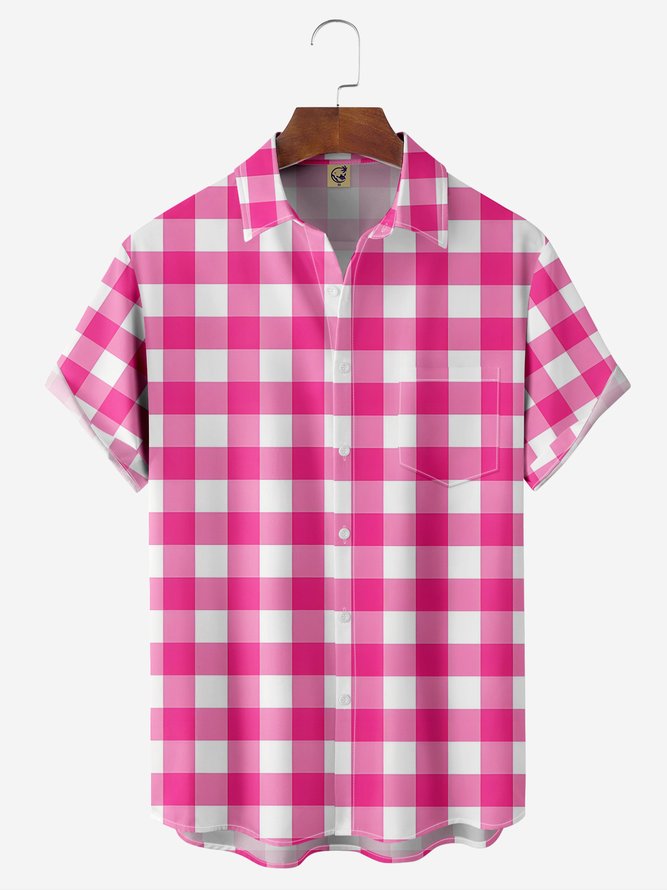 Pink Check Chest Pocket Short Sleeve Casual Shirt