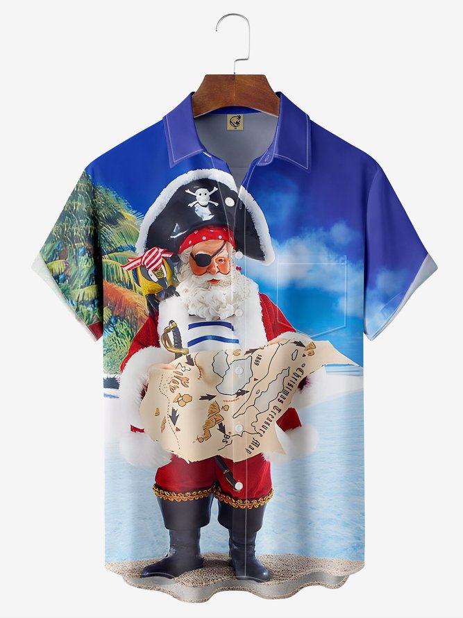 Christmas Pirate Santa Claus Chest Pocket Short Sleeve Casual Shirt