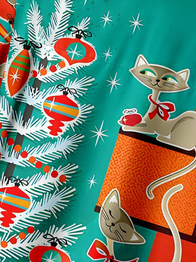 Christmas Cat Chest Pocket Short Sleeve Casual Shirt