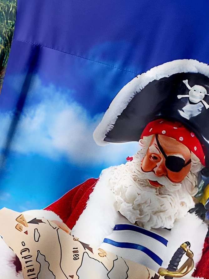Christmas Pirate Santa Claus Chest Pocket Short Sleeve Casual Shirt