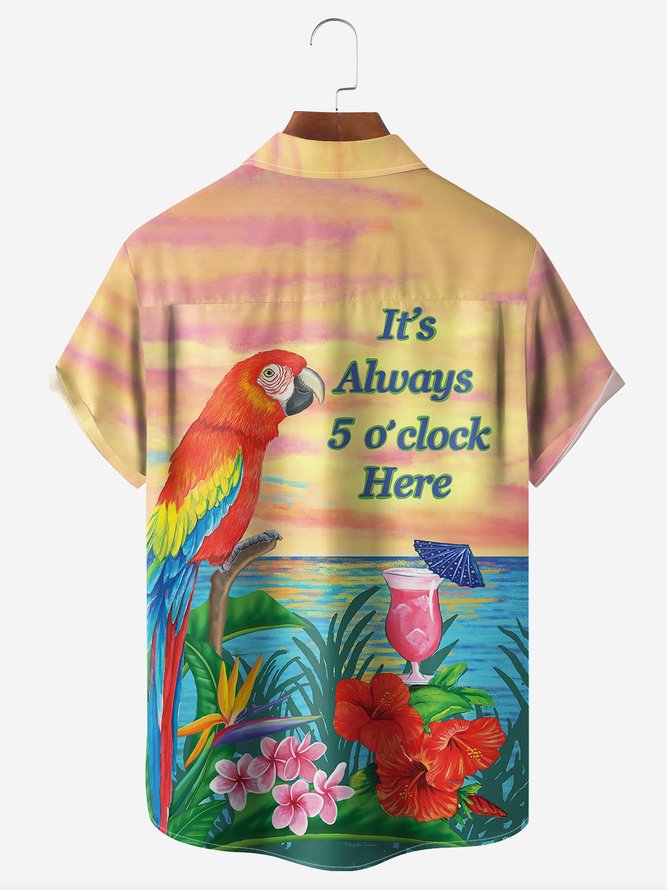 It's Always 5 O'Clock Here Parrot Chest Pocket Short Sleeve Hawaiian Shirt