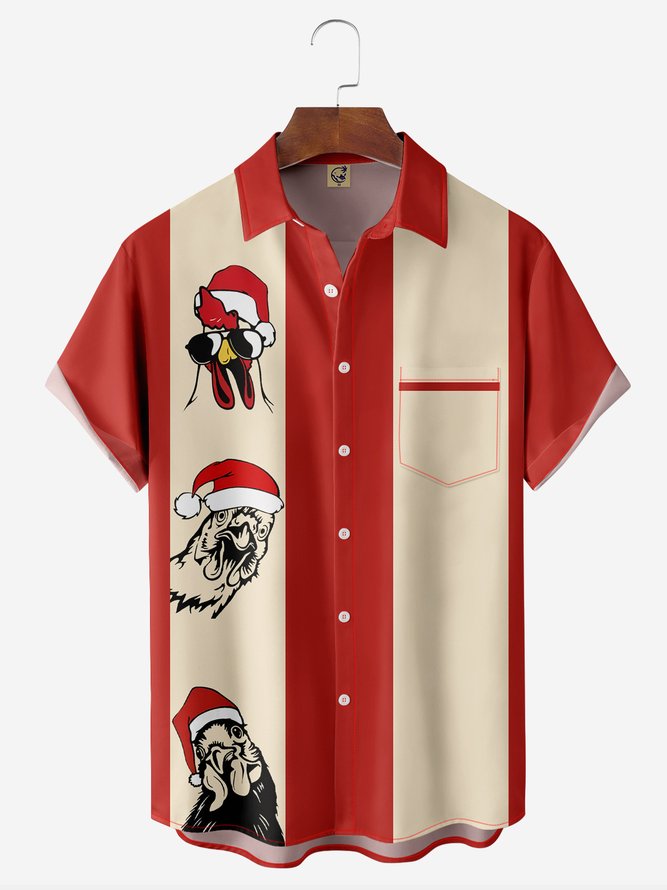 Christmas Rooster Chest Pocket Short Sleeve Bowling Shirt