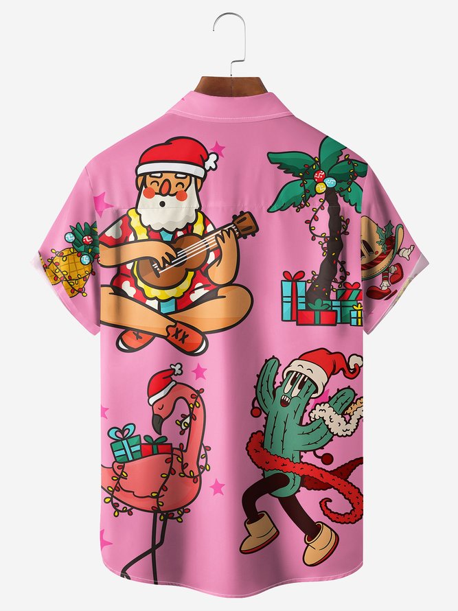 Fun Musical Santa Chest Pocket Short Sleeve Hawaiian Shirt