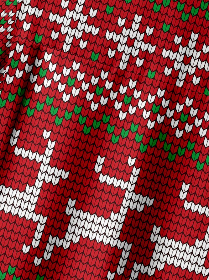 Christmas Knit Textured Christmas Deer Chest Pocket Short Sleeve Casual Shirt