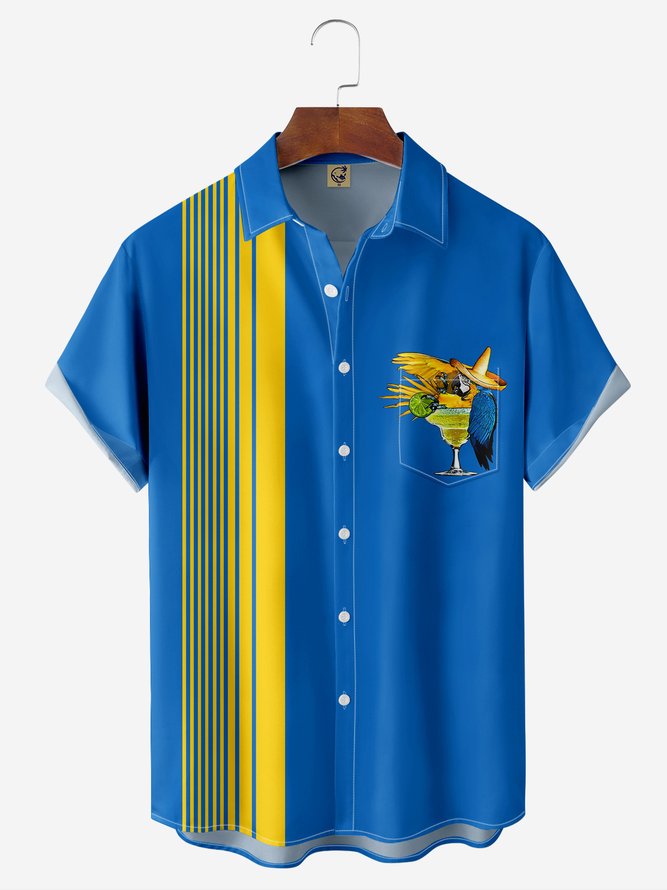 Cocktail Parrot Chest Pocket Short Sleeve Bowling Shirt