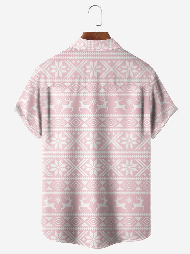 Christmas Fair Isle Chest Pocket Short Sleeve Casual Shirt