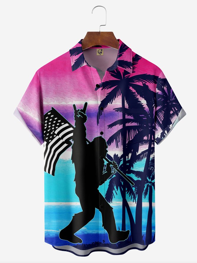 Coconut Tree American Flag Chest Pocket Short Sleeve Hawaiian Shirt
