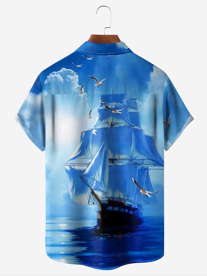 Sailing Boat Chest Pocket Short Sleeve Hawaiian Shirt