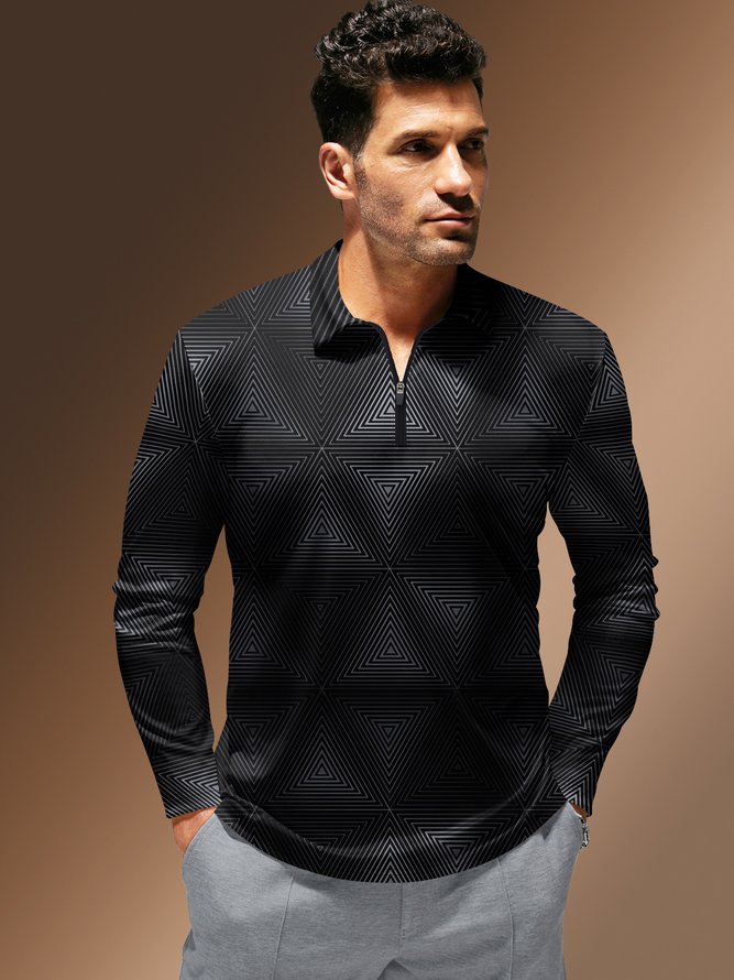 Geometric Zipper Long Sleeve Casual Polo Shirt