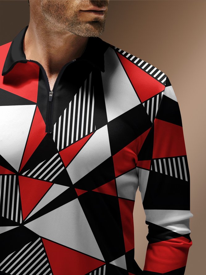 Color Block Geometric Zip Long Sleeves Casual Polo Shirt