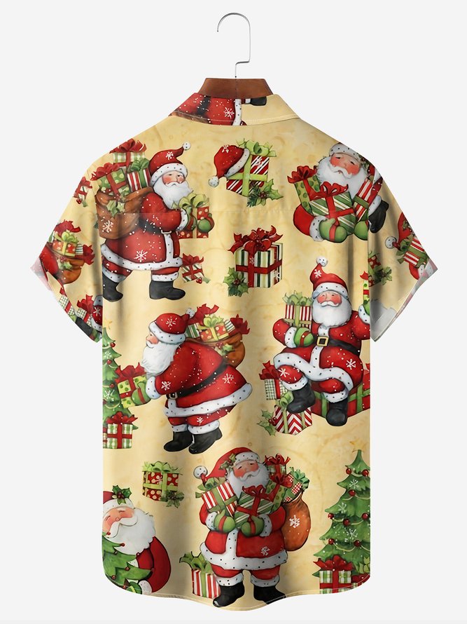 Christmas Santa Claus Chest Pocket Short Sleeve Casual Shirt