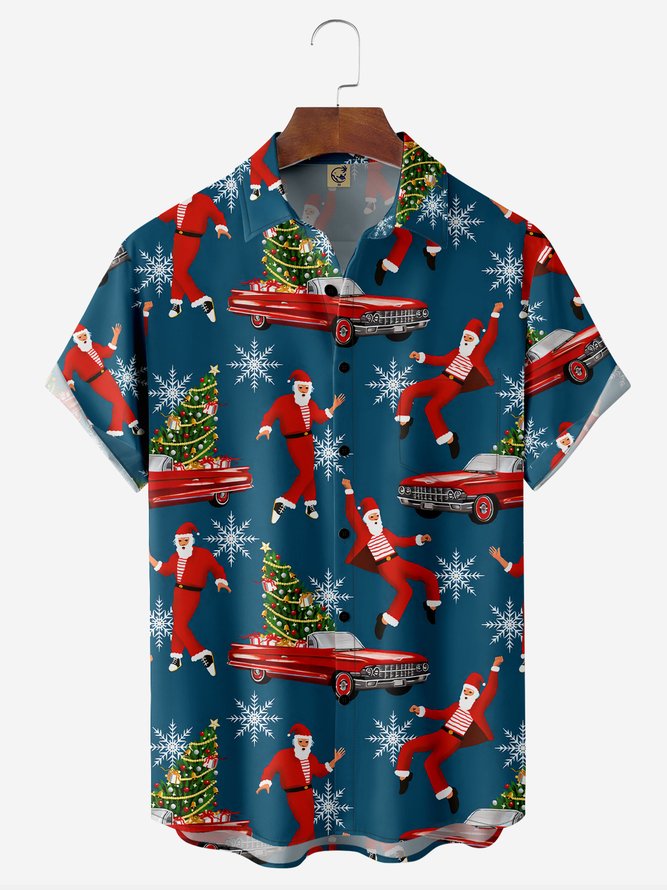 Christmas Santa Chest Pocket Short Sleeve Casual Shirt