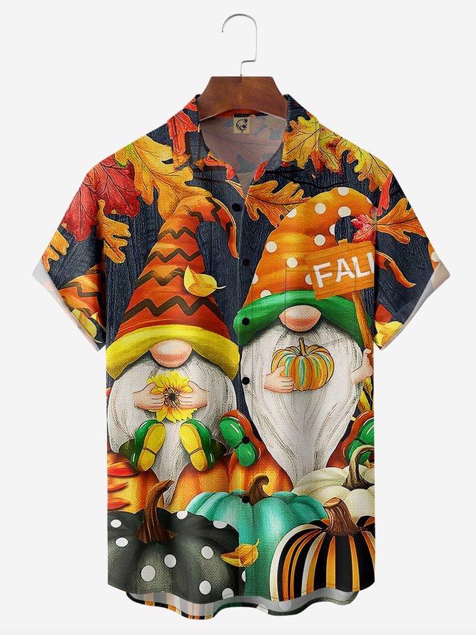 Thanksgiving Gnomes Chest Pocket Short Sleeve Casual Shirt