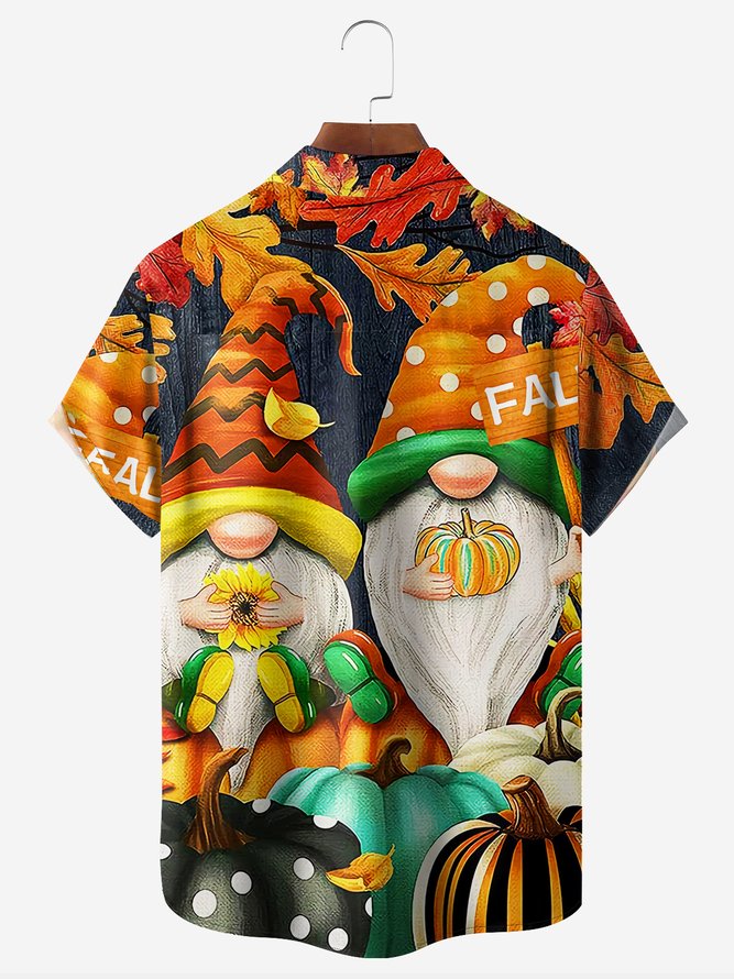 Thanksgiving Gnomes Chest Pocket Short Sleeve Casual Shirt