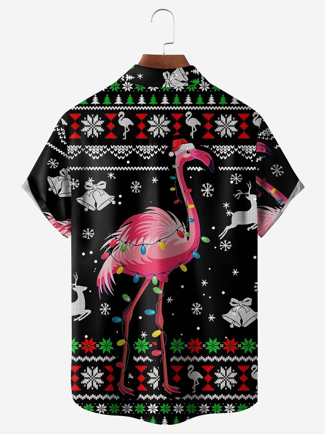 Ugly Christmas Flamingo Chest Pocket Short Sleeve Hawaiian Shirt