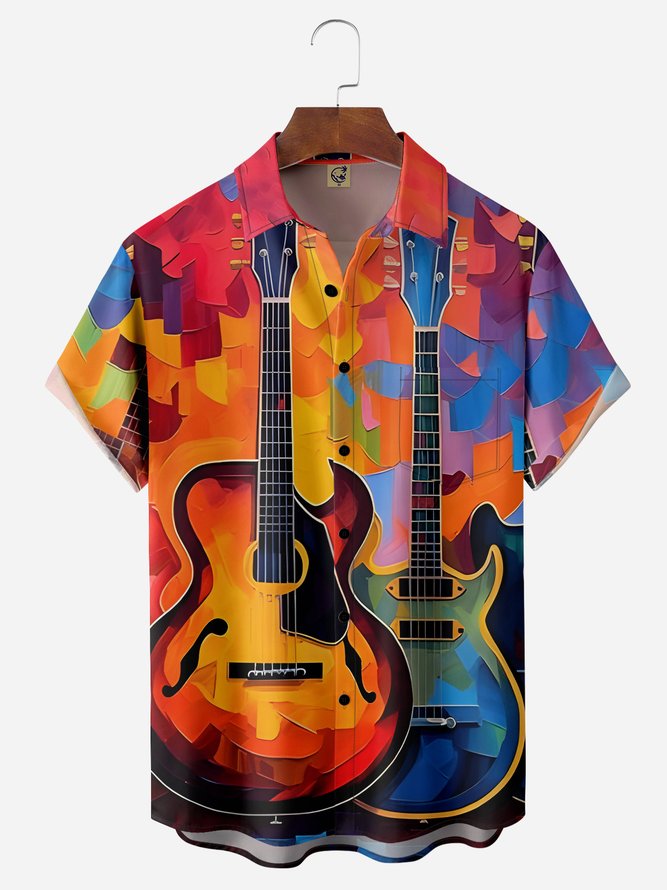Music Guitar Chest Pocket Short Sleeve Lounge Shirt