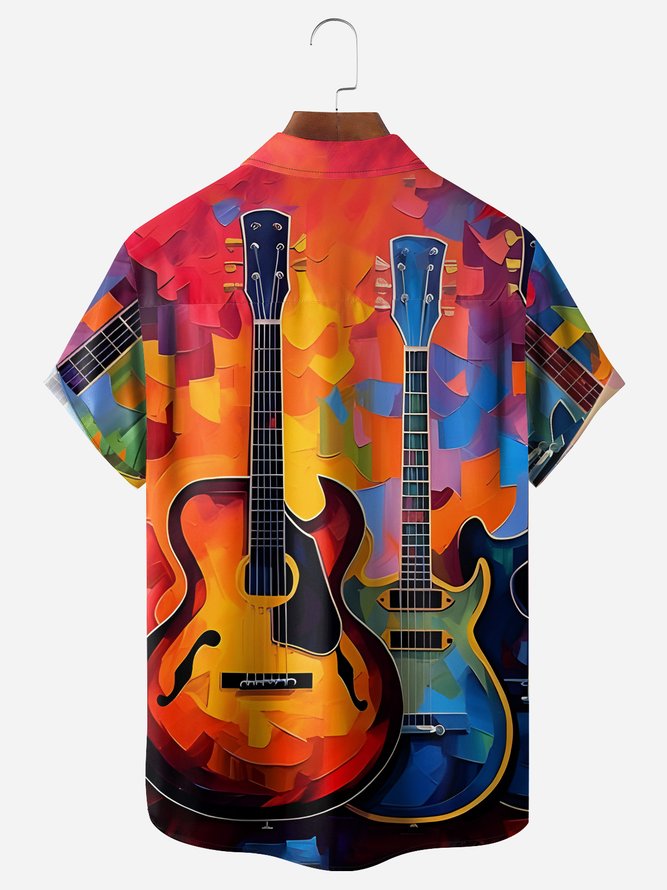 Music Guitar Chest Pocket Short Sleeve Lounge Shirt